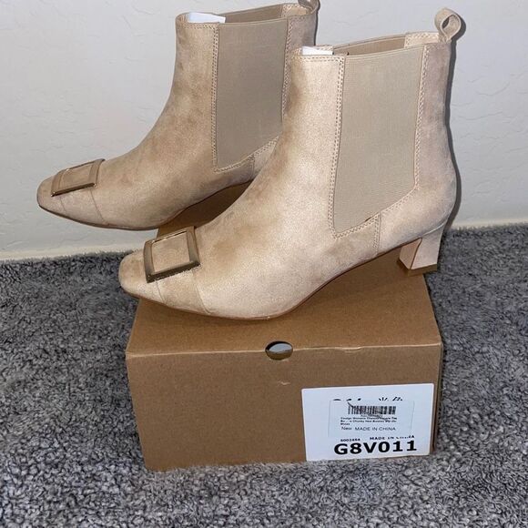 CoutGo Womens Chealsea Square Chunky Heel Booties Slip On Beige Size 5 - Picture 5 of 8